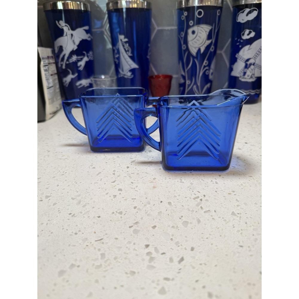 Hazel Atlas Cobalt Blue Chevron Creamer And Sugar Mid Century Depression Glass